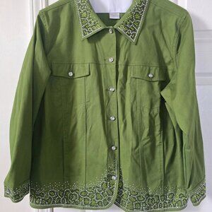 Quacker Factory Green Rhinestone Crystal & Metallic Studs Denim Jacket (2X Plus)